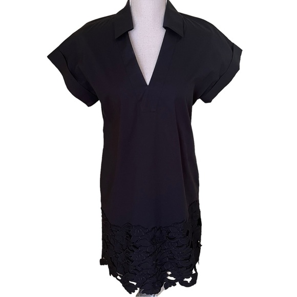 Lela Rose Pearl Black Cotton Poplin Tunic Dress with Cutwork Lace Detail - Picture 1 of 11